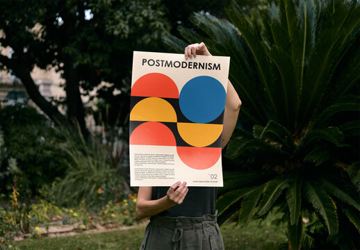 Mockup of woman holding customizable vertical A2 poster