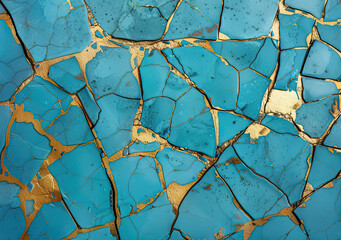 Turquoise and gold chrome kintsugi mosaic with mineral marble textures bold golden outlines