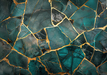 Turquoise and gold chrome kintsugi mosaic with mineral marble textures bold golden outlines