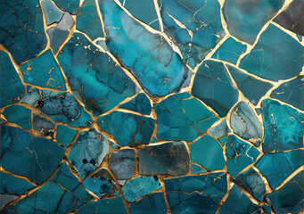 Turquoise and gold chrome kintsugi mosaic with mineral marble textures bold golden outlines - obrazy, fototapety, plakaty