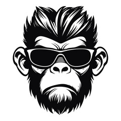 Chimpanzee head with sunglasses isolated on white background. Vector illustration.