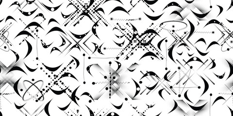 Glitch distorted grungy abstract forms . Halftone dots seamless pattern texture. Grange shapes .Grunge textured . Vector shapes with half tone dots .Screen print endless pattern texture