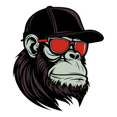 Gorilla in a cap and sunglasses. Vector illustration on white background.