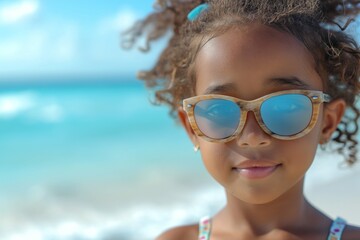 Fototapeta na wymiar Cute little African American girl standing near the sea in sunglasses, family vacation