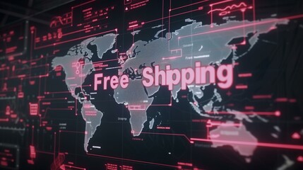 Global Free Shipping Network on Red Digital World Map Display