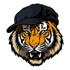 Obraz premium Tiger head in a black cap. Vector illustration on white background.