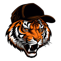 Tiger wearing a baseball cap. Vector illustration on white background.