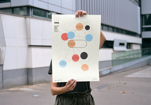 Mockup of woman with customizable A2 poster over face