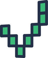 Pixelated correct vote mark. Green pixel check mark, abstract techno element for modern and retro technological design. Simple color vector pictogram isolated on white background