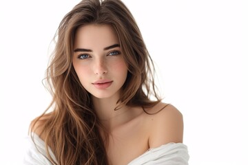 Fototapeta premium A youthful brunette female posing alone against a white backdrop.
