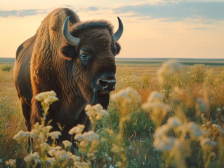 Bison in profile against a golden sunset backdrop.