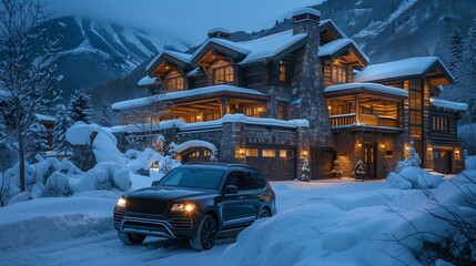 Fototapeta premium Evening Snowfall on Luxury Chalet with SUV in Mountain Getaway