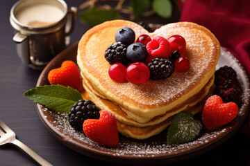 Valentine's Day breakfast with heart shaped pancakes decorated strawberry on dark background. Tasty dessert. Close up.