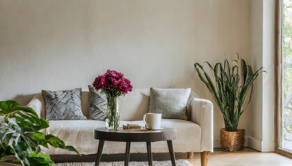 Fototapeta premium Cozy white living room interior, home mockup,