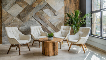 Four white armchairs near natural wood live edge coffee table against wall with stone paneling décor. Minimalist home interior design of modern living room