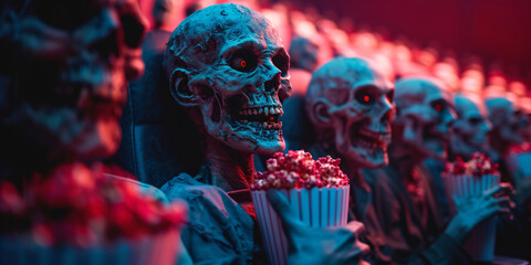 a group of popcorn eating zombies at a movie theater