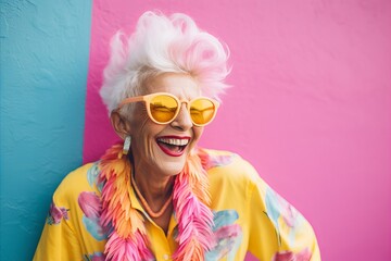 Portrait of a smiling senior woman in yellow sunglasses and colorful clothes on pink and blue background