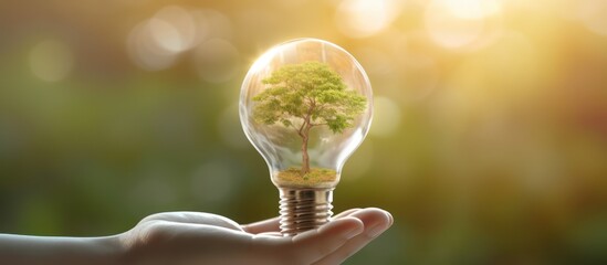 hand holding a tree inside a light bulb environmental maintenance and greening innovation concept