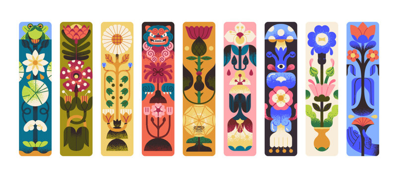 Decorated paper bookmarks with nature set. Page tags with modern floral print, botanical pattern. Abstract flower, stylized leaves, colored plants for book mark design. Flat vector illustrations