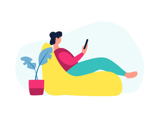 Man working home using his smartphone. Flat illustration