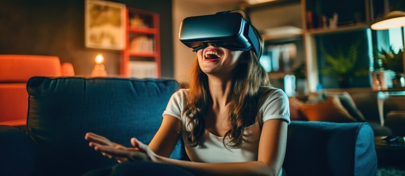 Young woman at home watching 3D movie using virtual reality headset