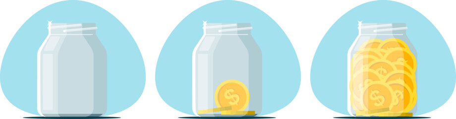 Concept of saving and storing money, clear glass jars with gold coins inside. Stock vector illustration