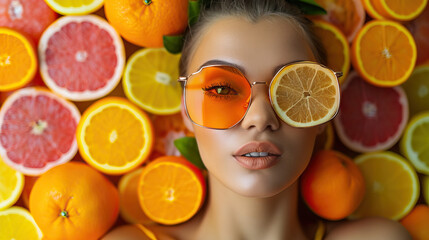 Citrus Chic: A Woman Wearing Sunglasses, Surrounded by a Variety of Citrus Fruits Arranged on a Table, Evoking a Fresh and Vibrant Summer Vibe