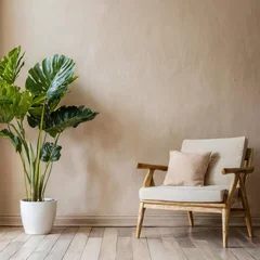 Papier Peint photo Lavable Mur chinois Interior of contemporary minimalist beige style with brown couch, wood floor, and plants. vacant wall mock-up in an illustration. great illustration