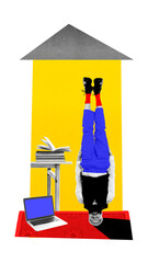 Upside down. Man, freelancer standing on head near laptop and table with notebook. Remote work, deadlines and time management. Contemporary art collage. Concept of work from home, business, employment