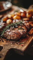 Grilled steak with rosemary on a wooden board