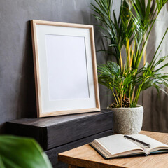 Mockup poster frame close up in minimalist modern interior background, 3d render