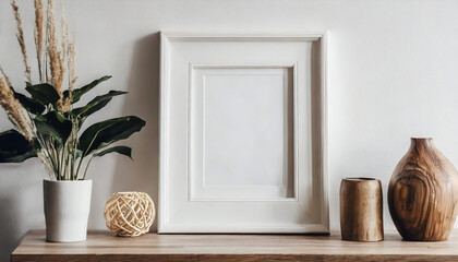 Mockup poster frame close up and accessories decor in cozy white interior background.