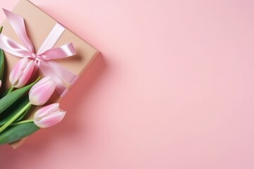 Stylish pink giftbox with ribbon bow and bouquet of tulips on pink background with copy space top view. Valentine's day, Mother's day, Women's Day, Wedding, love concept