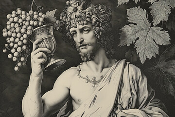 Engraved portrait of Bacchus the Roman god of wine who's father was Jupiter, the Greek equivalent is Dionysus, computer, black and white monochrome stock illustration image