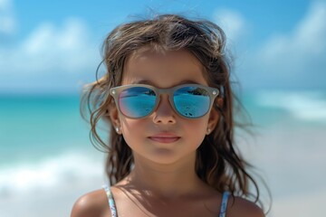 Fototapeta na wymiar Cute little Indian girl standing near the sea in sunglasses, family vacation