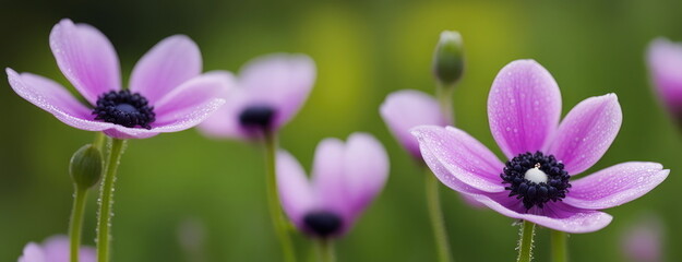 Fototapeta premium close-up of vibrant pink anemones with delicate dew drops adorning their petals