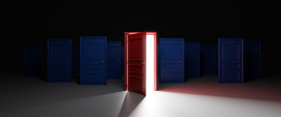 Business concept of choice: many doors,Choose the right door for future success and open red...
