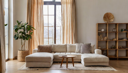 Stylish sofa and pouf near window dressed with beige curtains against blank wall with book shelf and copy space. Minimalist Japandi home interior design of modern living room