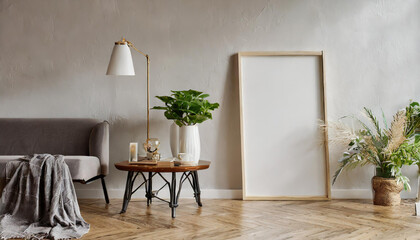 Wall mockup in cozy simple living room interior background, 3d render bright room close