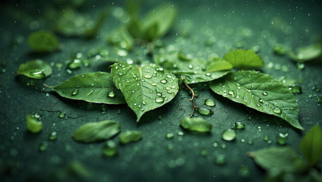 Image of green leaves decorated with dew drops on a dark background