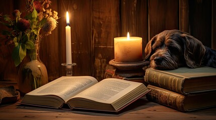 reading book and candle - obrazy, fototapety, plakaty