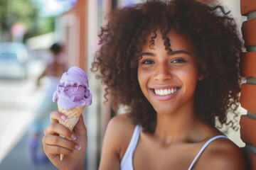 a dark-skinned girl trying lavender ice cream for the first time in a summer cafe