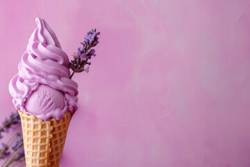 lavender ice cream in a cone closeup with lavender flowers with copy space on the right on a lavender background