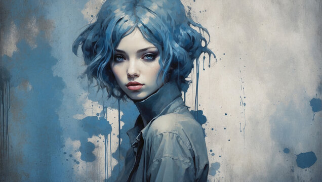 Watercolor painting of a young girl with blue hair in grunge style