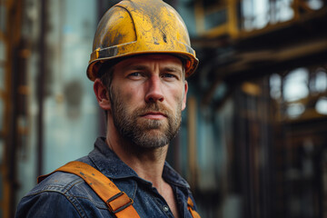 a hard worker in a dirty yellow helmet