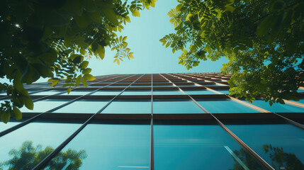 Modern office building with green trees in the foreground. Concept of business and success