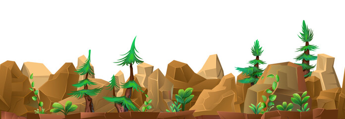 Trees and bushes among rocks. Mountain range of stones and cliffs. Picture horizontally seamless. Object isolated on white background. Cartoon fun style Illustration vector