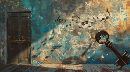 Key and music notes against old room with wooden floor. Torn paper collage.