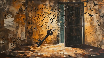 Key and music notes against old room with wooden floor. Trendy torn paper collage.