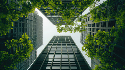 Modern office building with green trees in the foreground. Concept of business and success